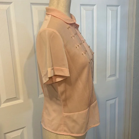 1950’s Vintage Blouse Feminine Pink Faux Pearls Pleated Size Large - Picture 5 of 9